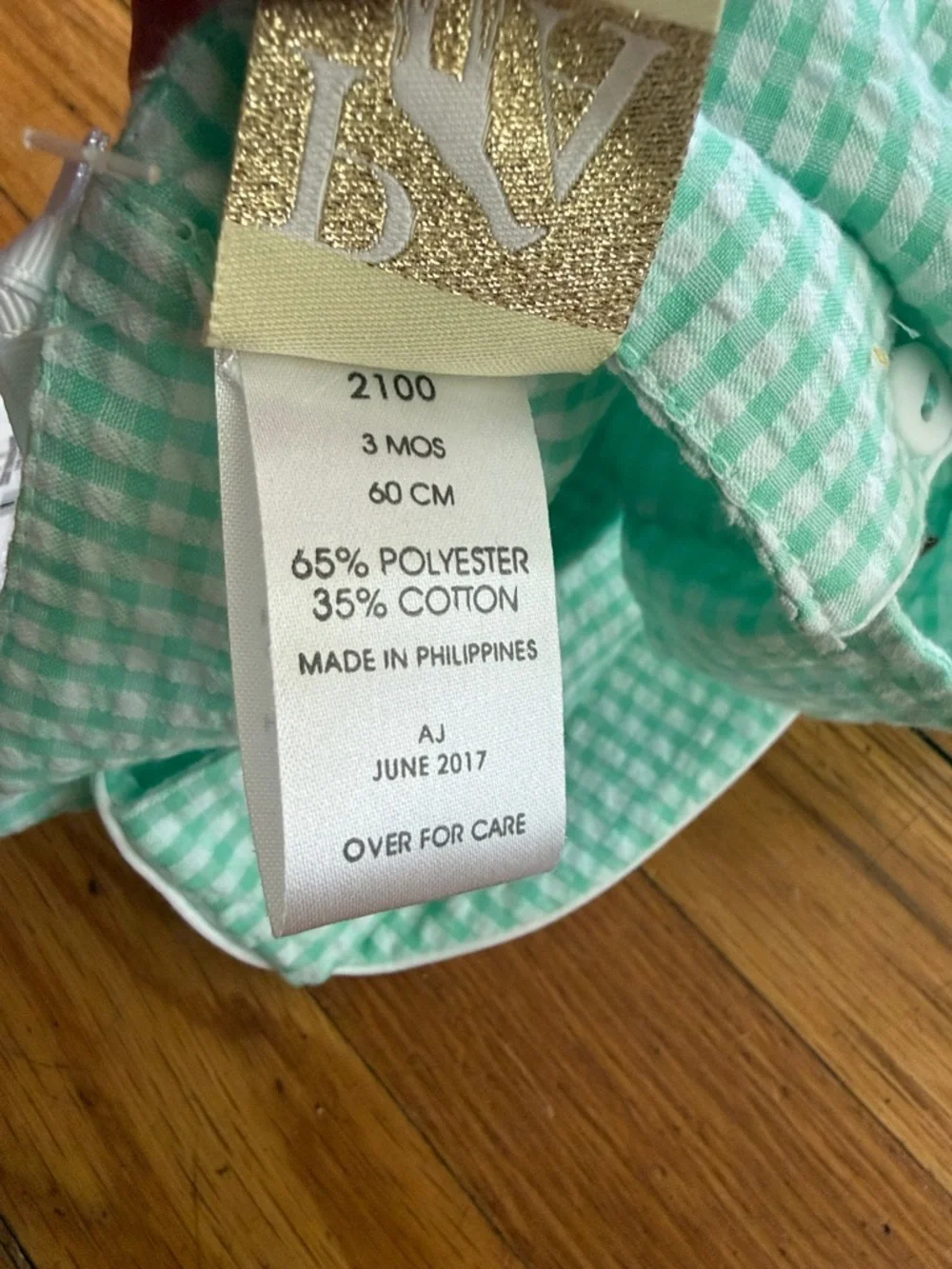 NWT petit Ami classics Mint green Gingham Baby Sun Bonnet hat with ties 3m